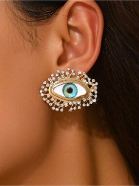 Gold Tone Blue Evil Eye Crystal Stud Earrings - Women Jewelry R406
